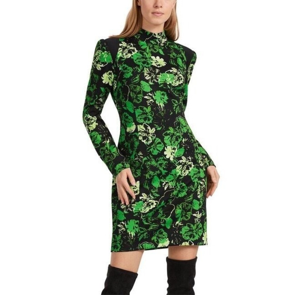 Marc Cain Green Black Floral Mock Neck Mini Dress Long Sleeve Sheath f2